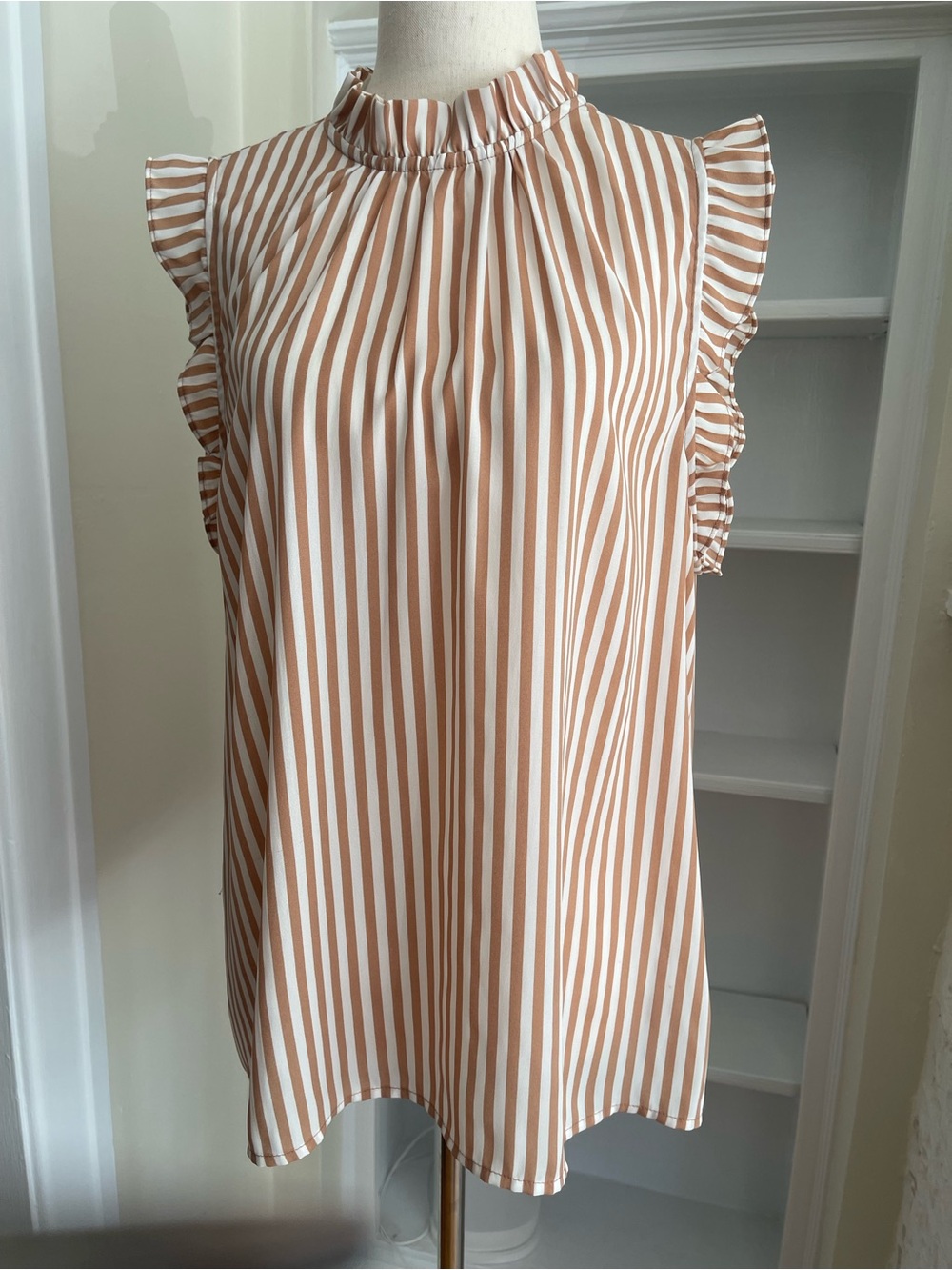 Ann Taylor Tan & White Striped Ruffle Sleeve Blouse